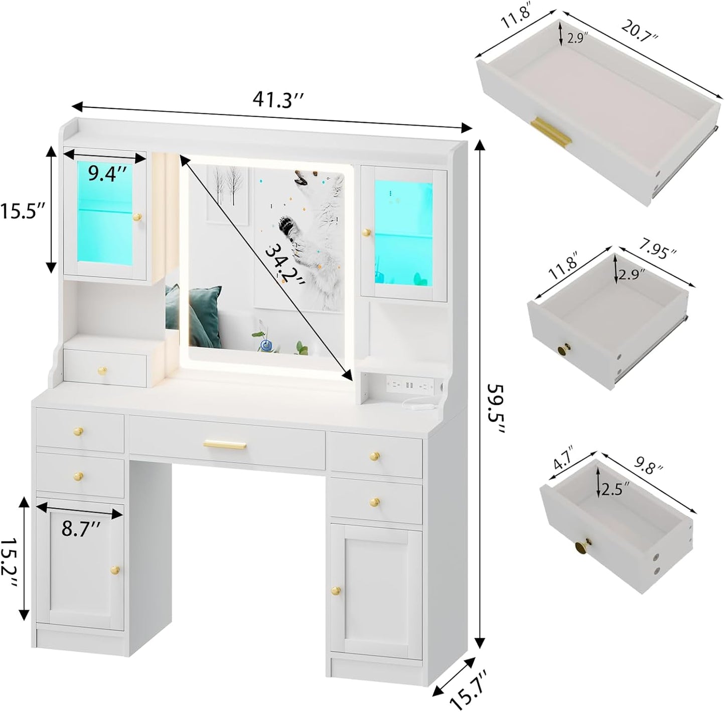 White Makeup Vanity Desk with Mirror and Lights, Large Vanity Table Set with Charging Station, Dressing Table with RGB Cabinets, Makeup Vanity Mirror with Lights Desk and Drawers, 3 LED Lights Modes