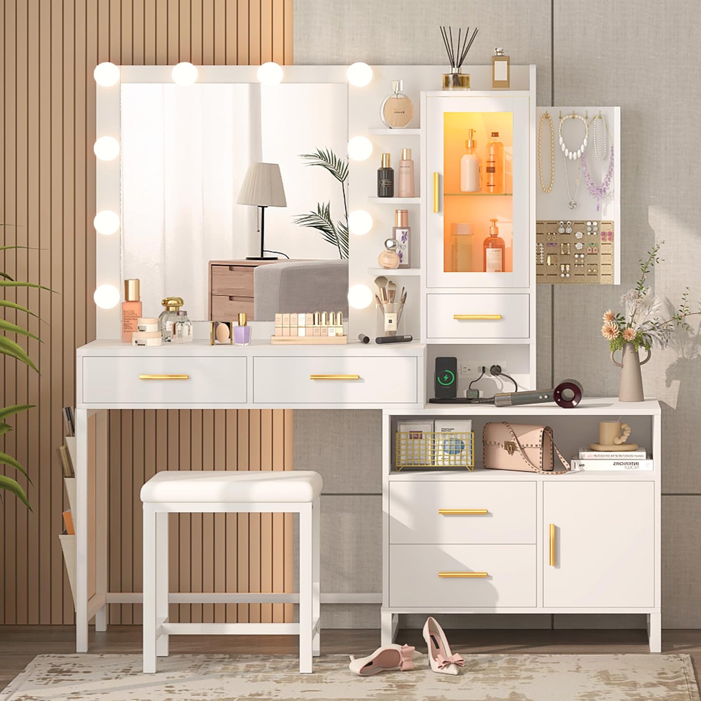 White Makeup Vanity Desk with Mirror and Lights, Large Vanity Table Set with Charging Station, Dressing Table with RGB Cabinets, Makeup Vanity Mirror with Lights Desk and Drawers, 3 LED Lights Modes