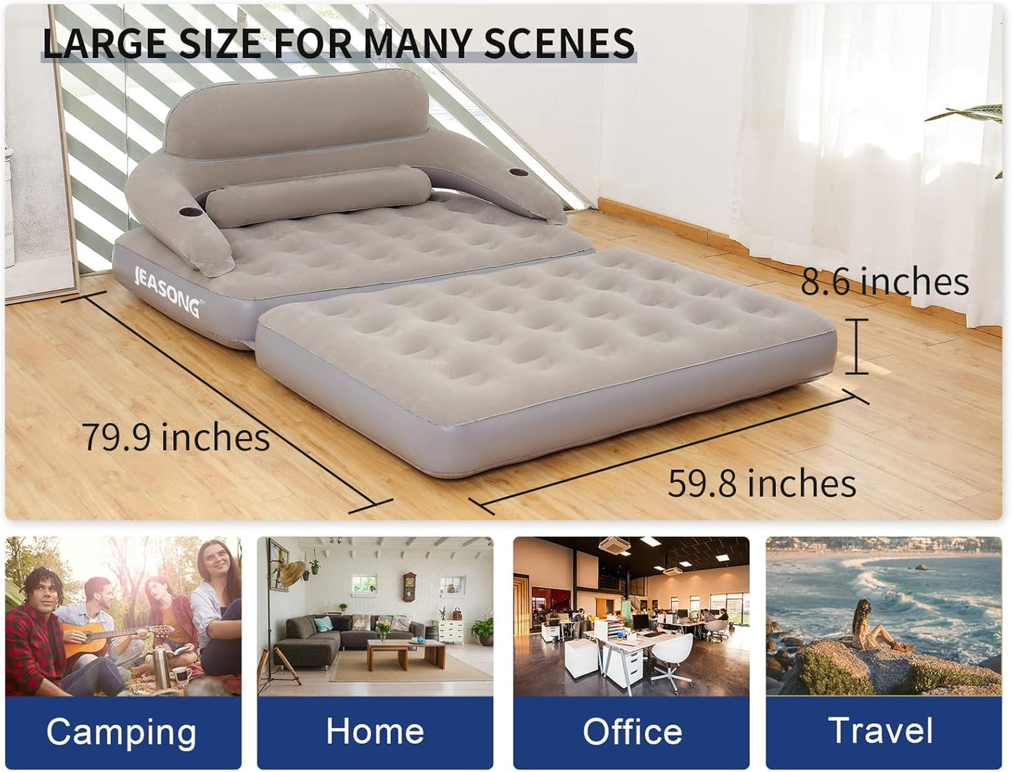 JEASONG Inflatable Chair Air Couch with Air Pump, Camping Air Mattress Blow Up Inflatable Sofa Bed with Backrest, Multi-Mode Use, Easy to Storage