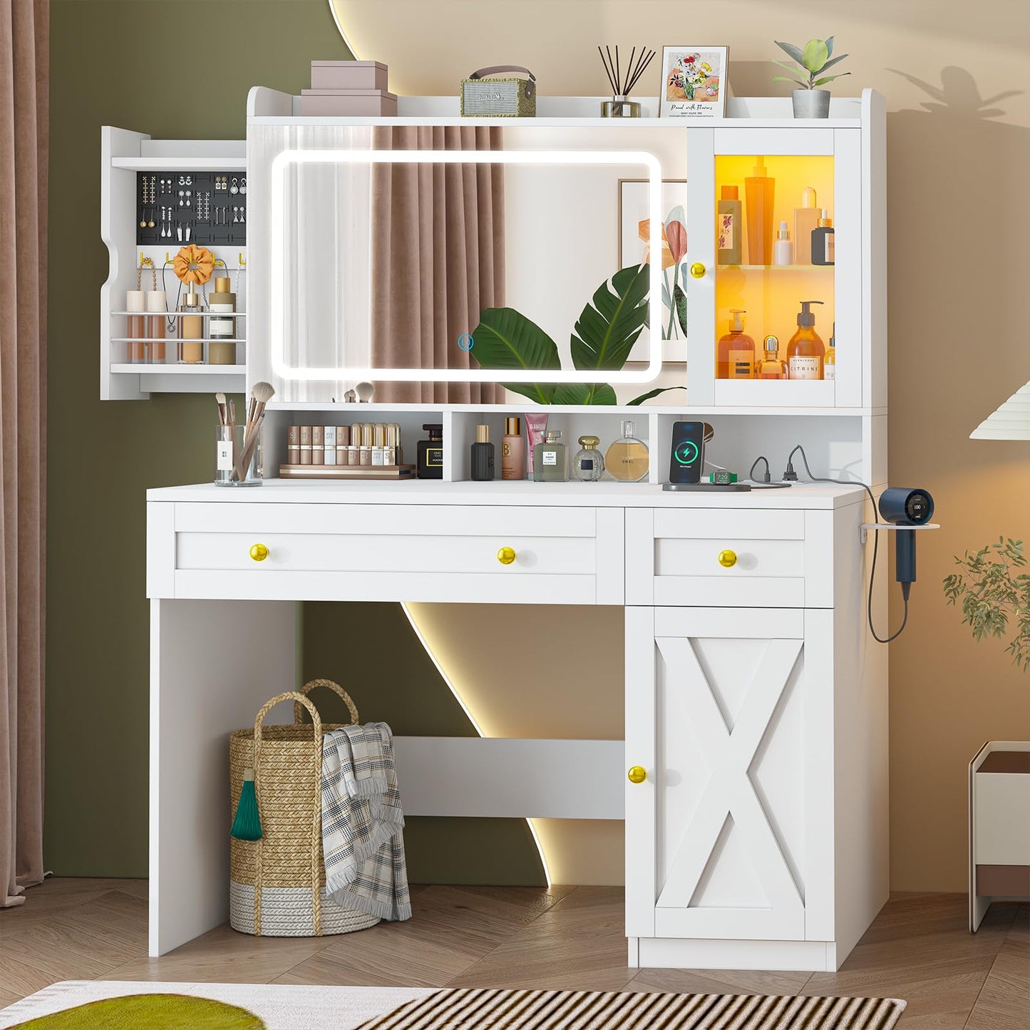 White Makeup Vanity Desk with Mirror and Lights, Large Vanity Table Set with Charging Station, Dressing Table with RGB Cabinets, Makeup Vanity Mirror with Lights Desk and Drawers, 3 LED Lights Modes