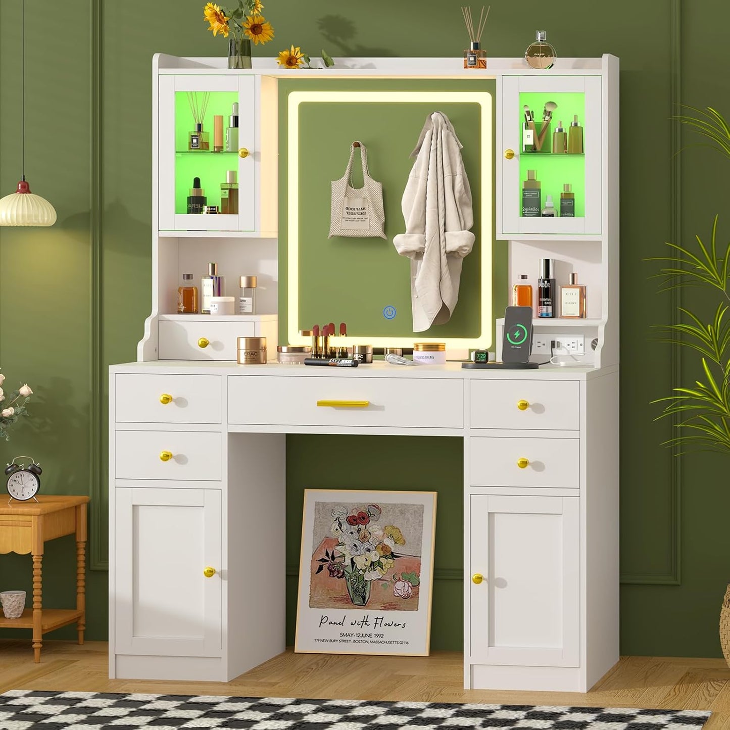 White Makeup Vanity Desk with Mirror and Lights, Large Vanity Table Set with Charging Station, Dressing Table with RGB Cabinets, Makeup Vanity Mirror with Lights Desk and Drawers, 3 LED Lights Modes