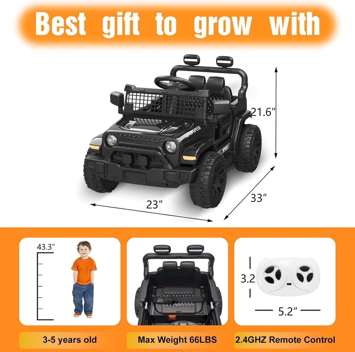 12V Ride on Truck Car with Parent Remote Control, Electric Toys with Spring Suspension, LED Lights & Music Player - Safe Toddler Battery Car for Kids, Easy to Assemble, Black