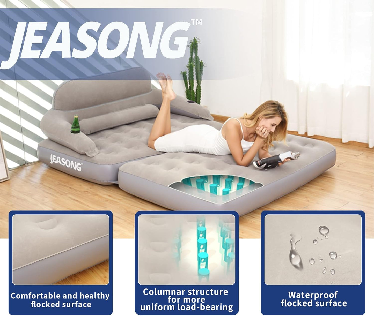 JEASONG Inflatable Chair Air Couch with Air Pump, Camping Air Mattress Blow Up Inflatable Sofa Bed with Backrest, Multi-Mode Use, Easy to Storage