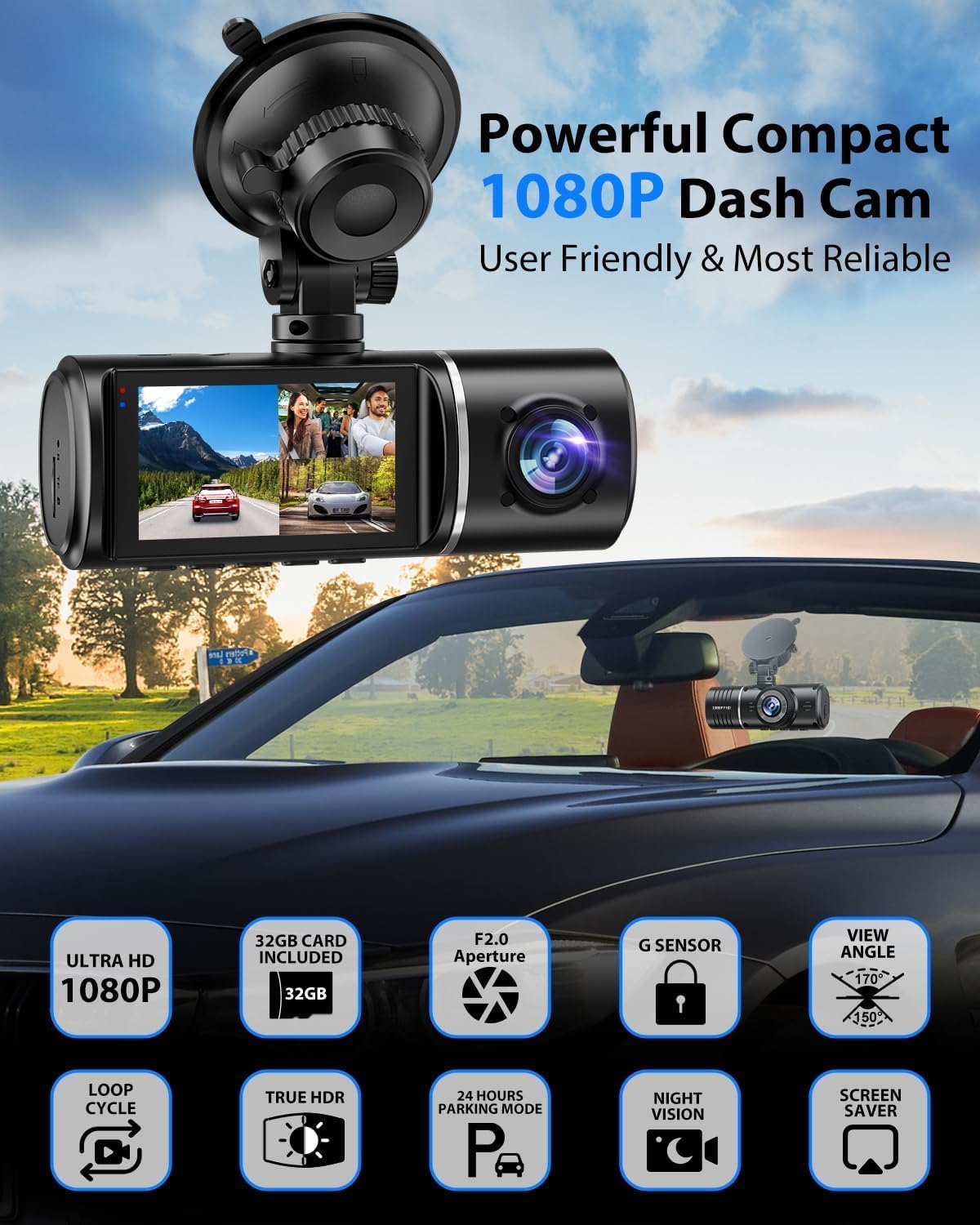 Dash Cam Front and Rear, 1080P Dash Camera for Cars, 3 Channel Car Camera Front Rear and Inside with 32GB Card, Loop Recording, Night Vision, HDR, G-Sensor, 24Hr Parking