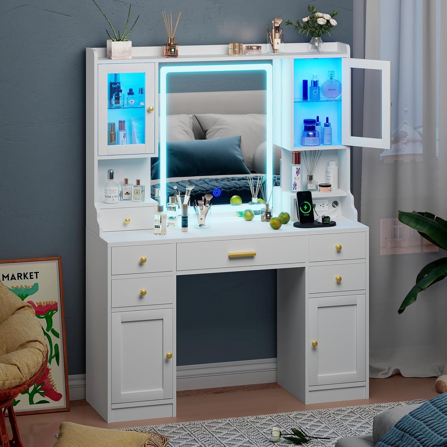 White Makeup Vanity Desk with Mirror and Lights, Large Vanity Table Set with Charging Station, Dressing Table with RGB Cabinets, Makeup Vanity Mirror with Lights Desk and Drawers, 3 LED Lights Modes