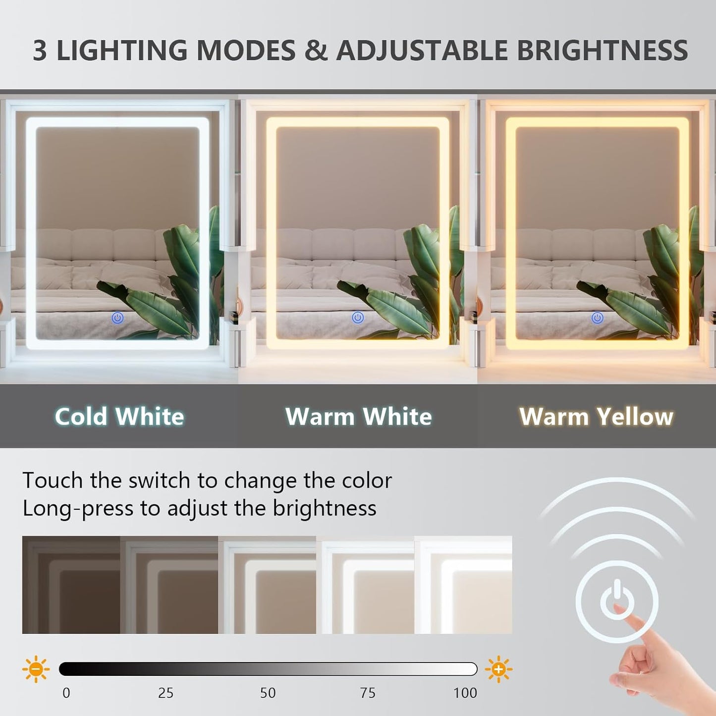 White Makeup Vanity Desk with Mirror and Lights, Large Vanity Table Set with Charging Station, Dressing Table with RGB Cabinets, Makeup Vanity Mirror with Lights Desk and Drawers, 3 LED Lights Modes