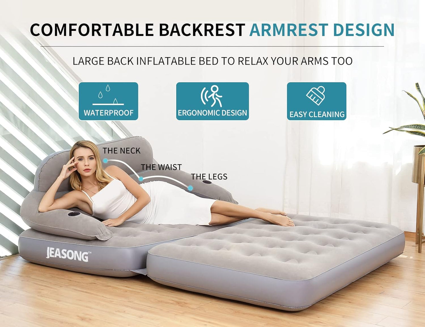 JEASONG Inflatable Chair Air Couch with Air Pump, Camping Air Mattress Blow Up Inflatable Sofa Bed with Backrest, Multi-Mode Use, Easy to Storage