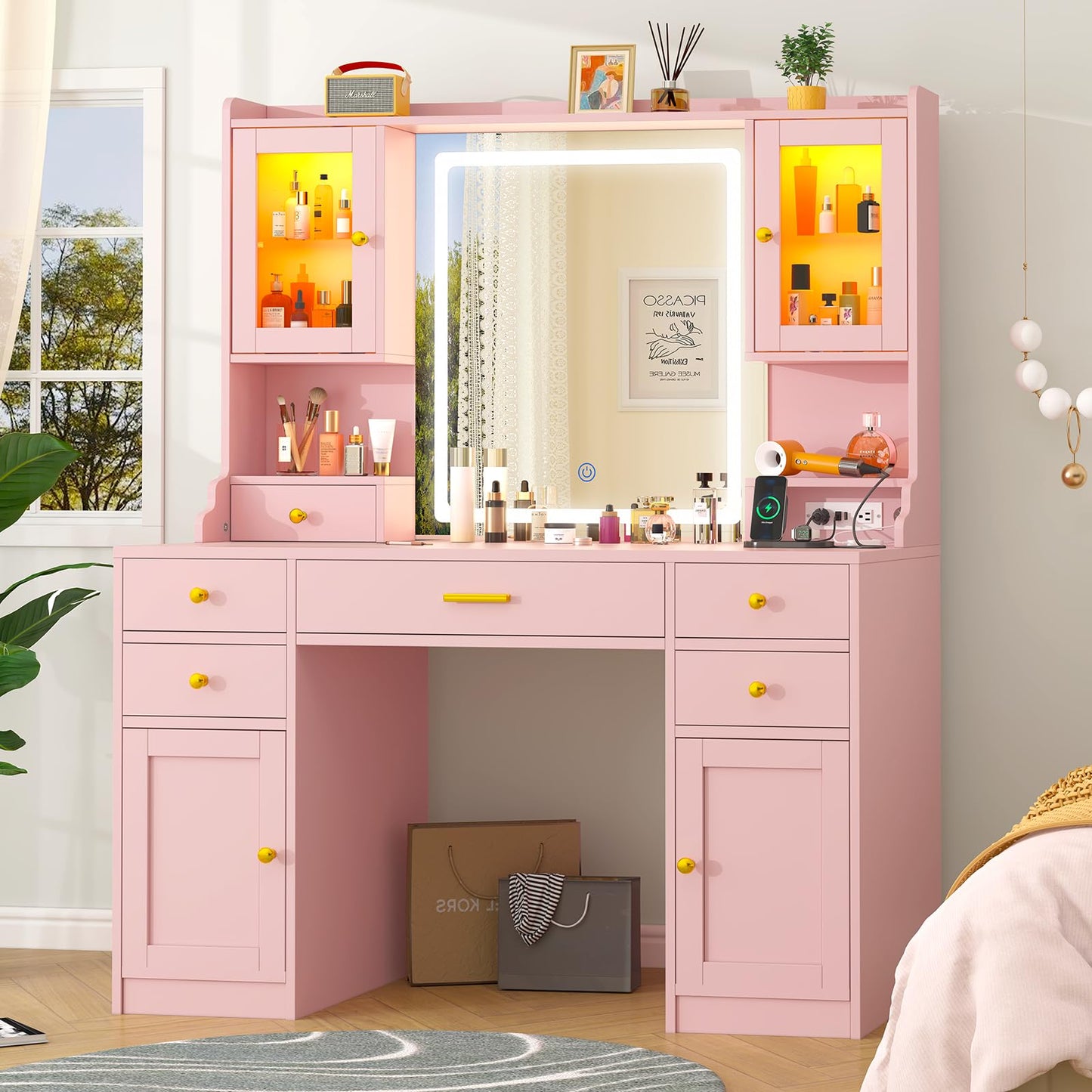White Makeup Vanity Desk with Mirror and Lights, Large Vanity Table Set with Charging Station, Dressing Table with RGB Cabinets, Makeup Vanity Mirror with Lights Desk and Drawers, 3 LED Lights Modes