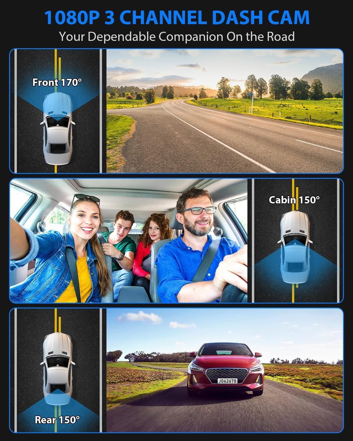 Dash Cam Front and Rear, 1080P Dash Camera for Cars, 3 Channel Car Camera Front Rear and Inside with 32GB Card, Loop Recording, Night Vision, HDR, G-Sensor, 24Hr Parking