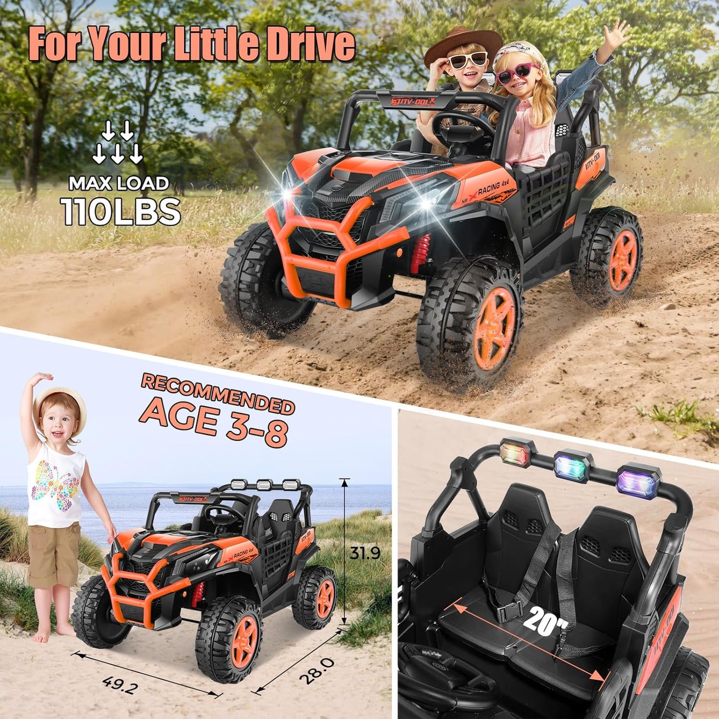 Hikole Battery Operated Ride on Toys for Toddlers, 24V Power Car Wheels, XL 2 Seater, 3 Speeds, 2/4WD Switchable, Multi-Terrain Driving, 20 Inch Large Seat, Marquee Taillights, Gift, Orange