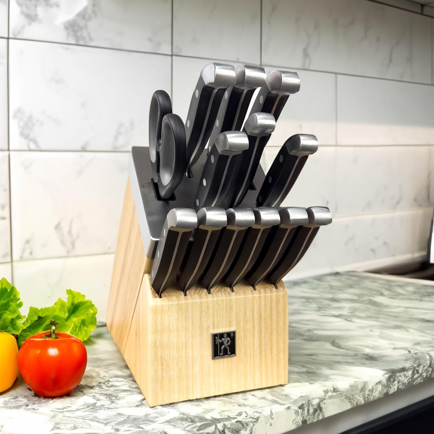 Henckels International Statement 14-pc Self-Sharpening Knife Block Set, 6 Steak Knives, Paring, Santoku, Bread, Chef’s Knife, & More, Natural Block Color