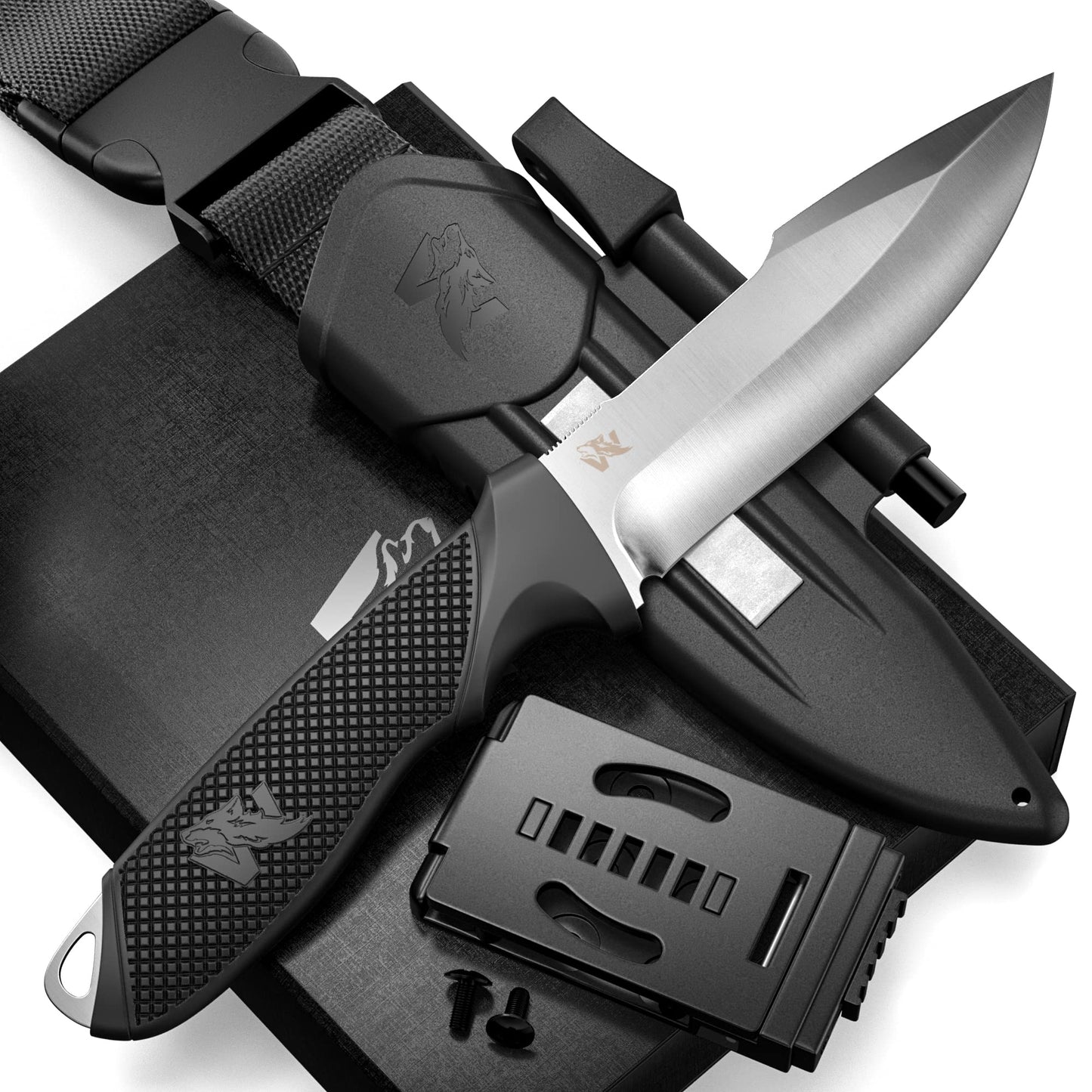 WOLF-III Full Tang Survival Knife with Fire Starter and Sheath - Stylish Tactical Fixed Blade - Made of D2 Steel - Bushcraft and Camping Knife - With Belt Loop, Plug Lock & Multi Lok