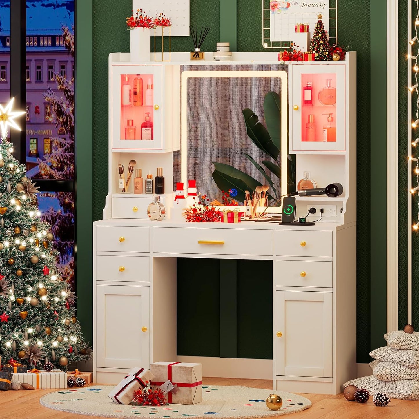 White Makeup Vanity Desk with Mirror and Lights, Large Vanity Table Set with Charging Station, Dressing Table with RGB Cabinets, Makeup Vanity Mirror with Lights Desk and Drawers, 3 LED Lights Modes