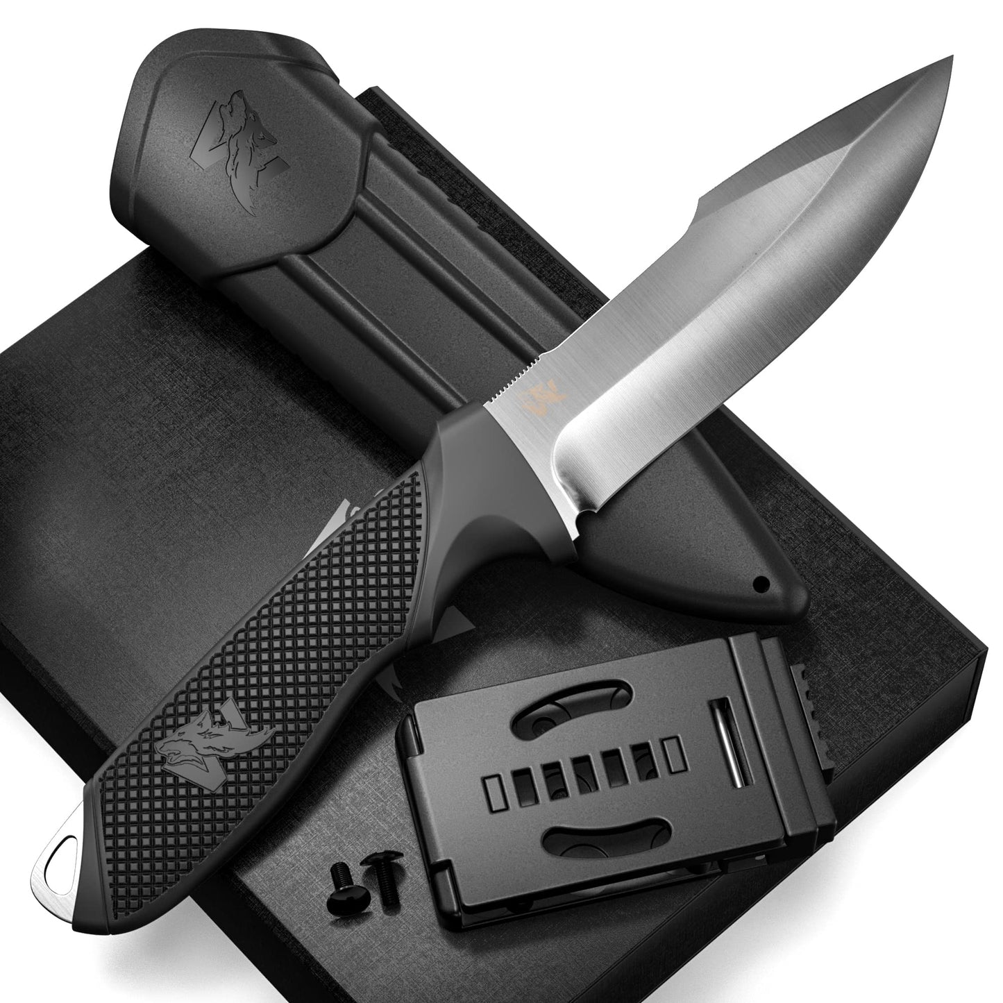 WOLF-III Full Tang Survival Knife with Fire Starter and Sheath - Stylish Tactical Fixed Blade - Made of D2 Steel - Bushcraft and Camping Knife - With Belt Loop, Plug Lock & Multi Lok