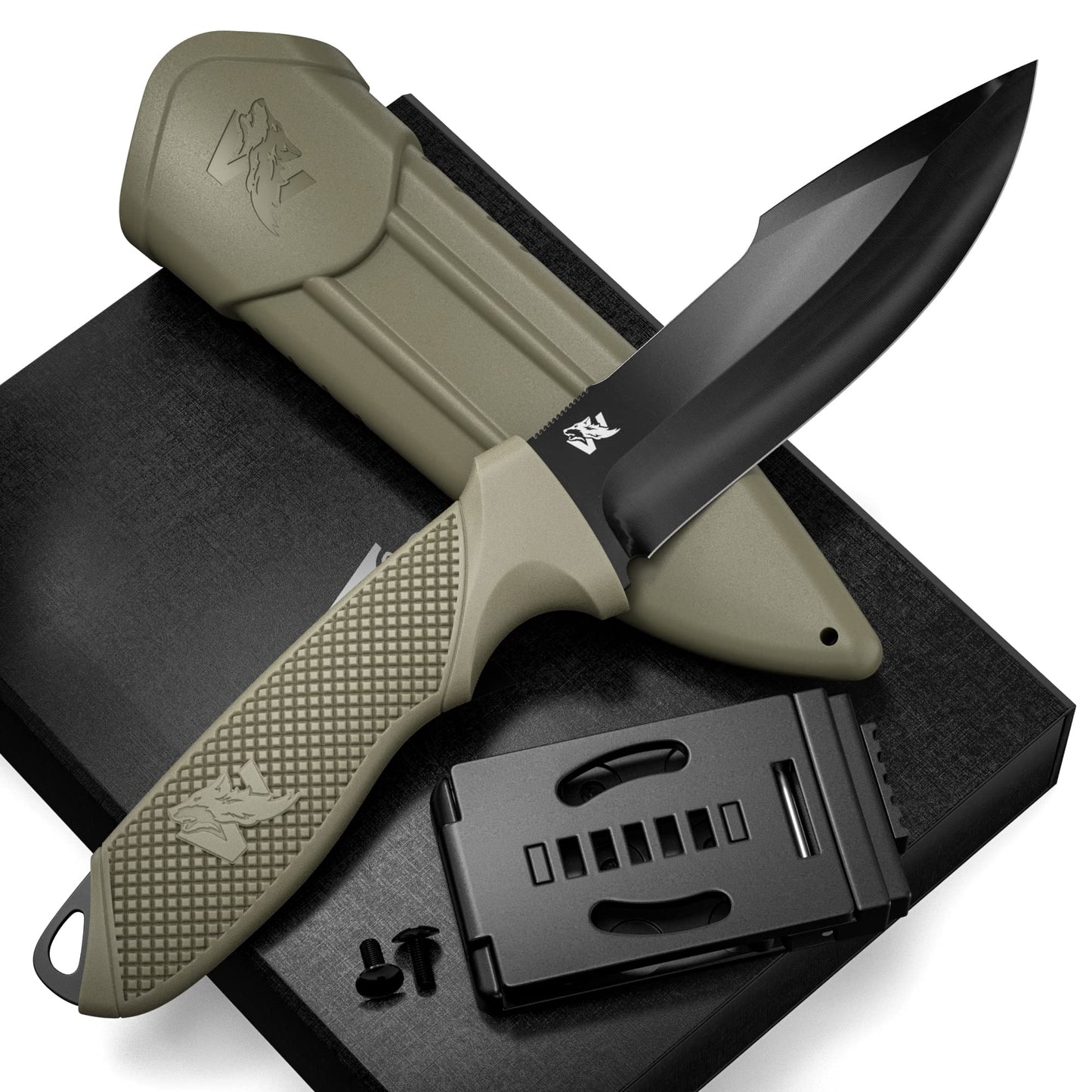 WOLF-III Full Tang Survival Knife with Fire Starter and Sheath - Stylish Tactical Fixed Blade - Made of D2 Steel - Bushcraft and Camping Knife - With Belt Loop, Plug Lock & Multi Lok