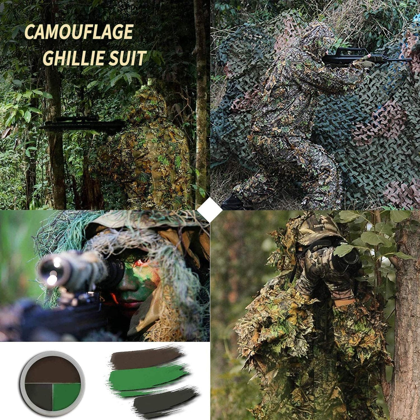 Ghillie Suit, 3D Leafy Camo Hunting Suits Breathable Woodland Gillies Costume Jungle Clothing