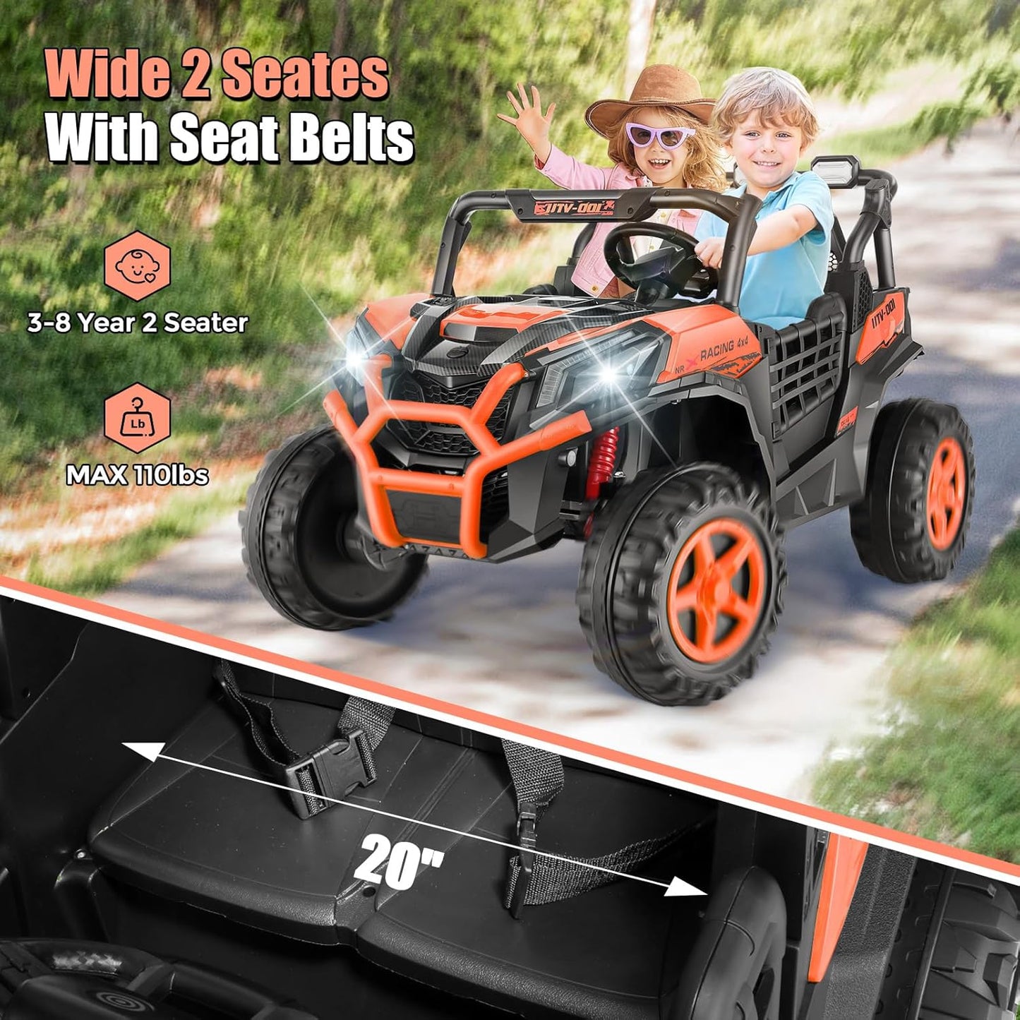 Hikole Battery Operated Ride on Toys for Toddlers, 24V Power Car Wheels, XL 2 Seater, 3 Speeds, 2/4WD Switchable, Multi-Terrain Driving, 20 Inch Large Seat, Marquee Taillights, Gift, Orange