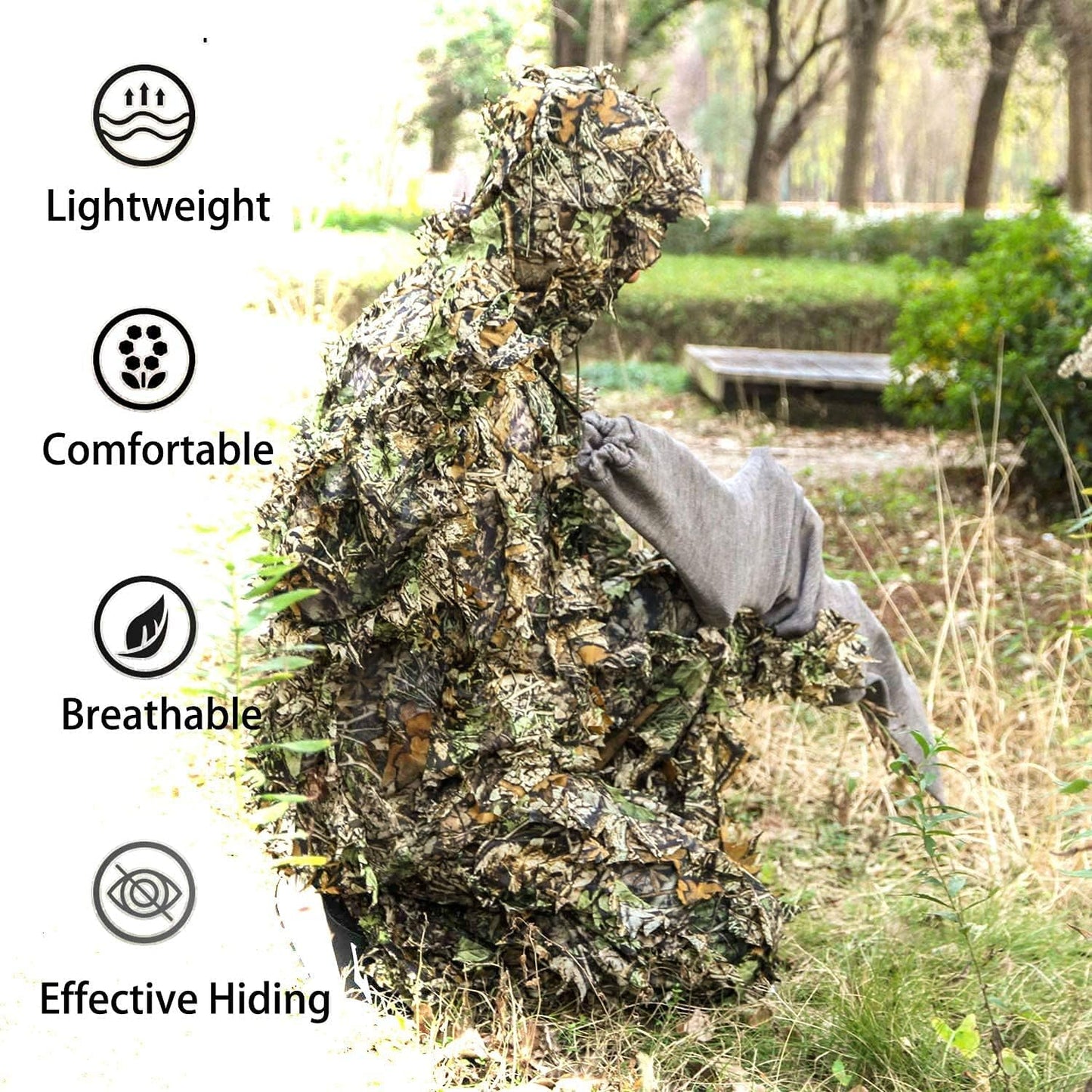 Ghillie Suit, 3D Leafy Camo Hunting Suits Breathable Woodland Gillies Costume Jungle Clothing
