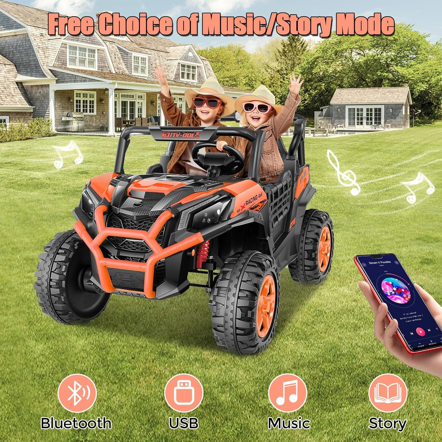 Hikole Battery Operated Ride on Toys for Toddlers, 24V Power Car Wheels, XL 2 Seater, 3 Speeds, 2/4WD Switchable, Multi-Terrain Driving, 20 Inch Large Seat, Marquee Taillights, Gift, Orange