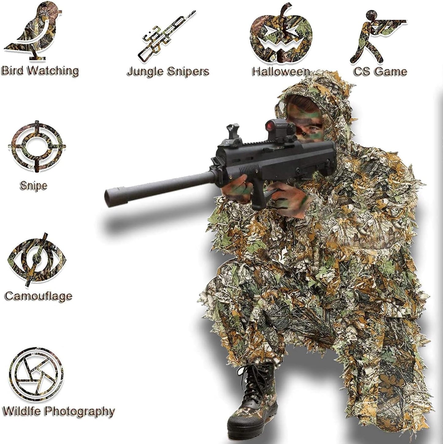 Ghillie Suit, 3D Leafy Camo Hunting Suits Breathable Woodland Gillies Costume Jungle Clothing