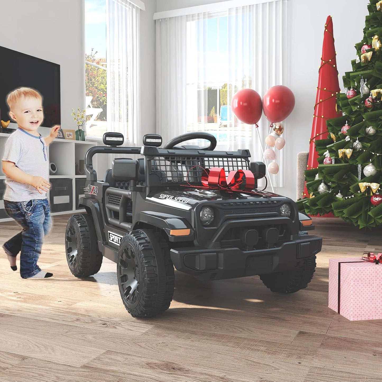 12V Ride on Truck Car with Parent Remote Control, Electric Toys with Spring Suspension, LED Lights & Music Player - Safe Toddler Battery Car for Kids, Easy to Assemble, Black