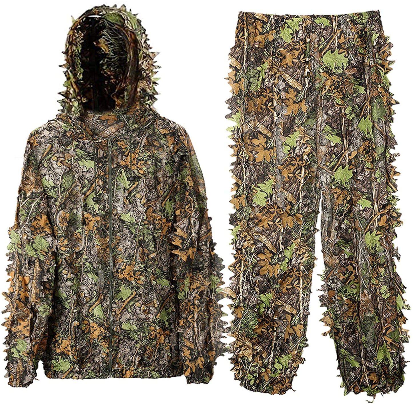 Ghillie Suit, 3D Leafy Camo Hunting Suits Breathable Woodland Gillies Costume Jungle Clothing