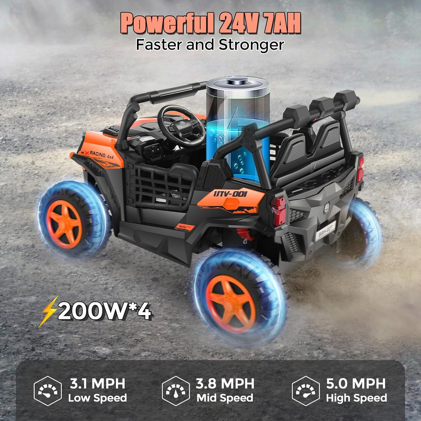 Hikole Battery Operated Ride on Toys for Toddlers, 24V Power Car Wheels, XL 2 Seater, 3 Speeds, 2/4WD Switchable, Multi-Terrain Driving, 20 Inch Large Seat, Marquee Taillights, Gift, Orange
