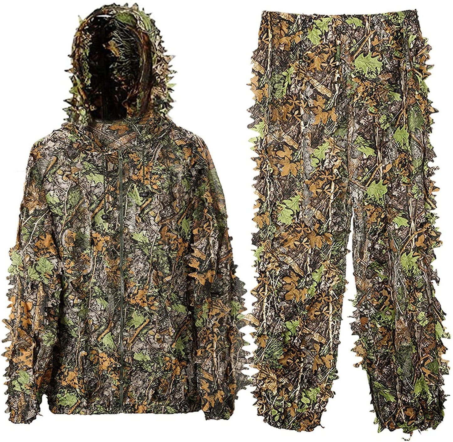 Ghillie Suit, 3D Leafy Camo Hunting Suits Breathable Woodland Gillies Costume Jungle Clothing