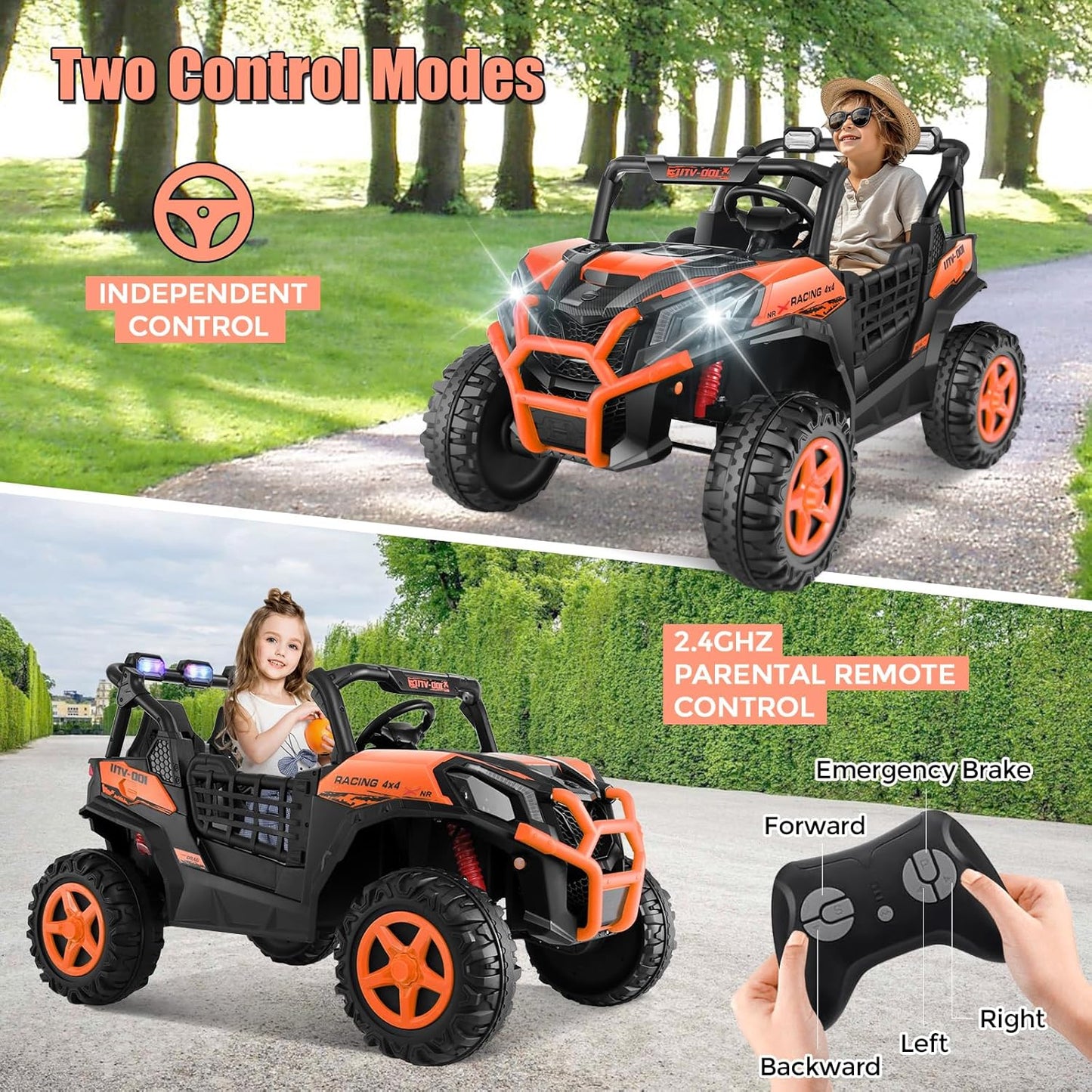 Hikole Battery Operated Ride on Toys for Toddlers, 24V Power Car Wheels, XL 2 Seater, 3 Speeds, 2/4WD Switchable, Multi-Terrain Driving, 20 Inch Large Seat, Marquee Taillights, Gift, Orange