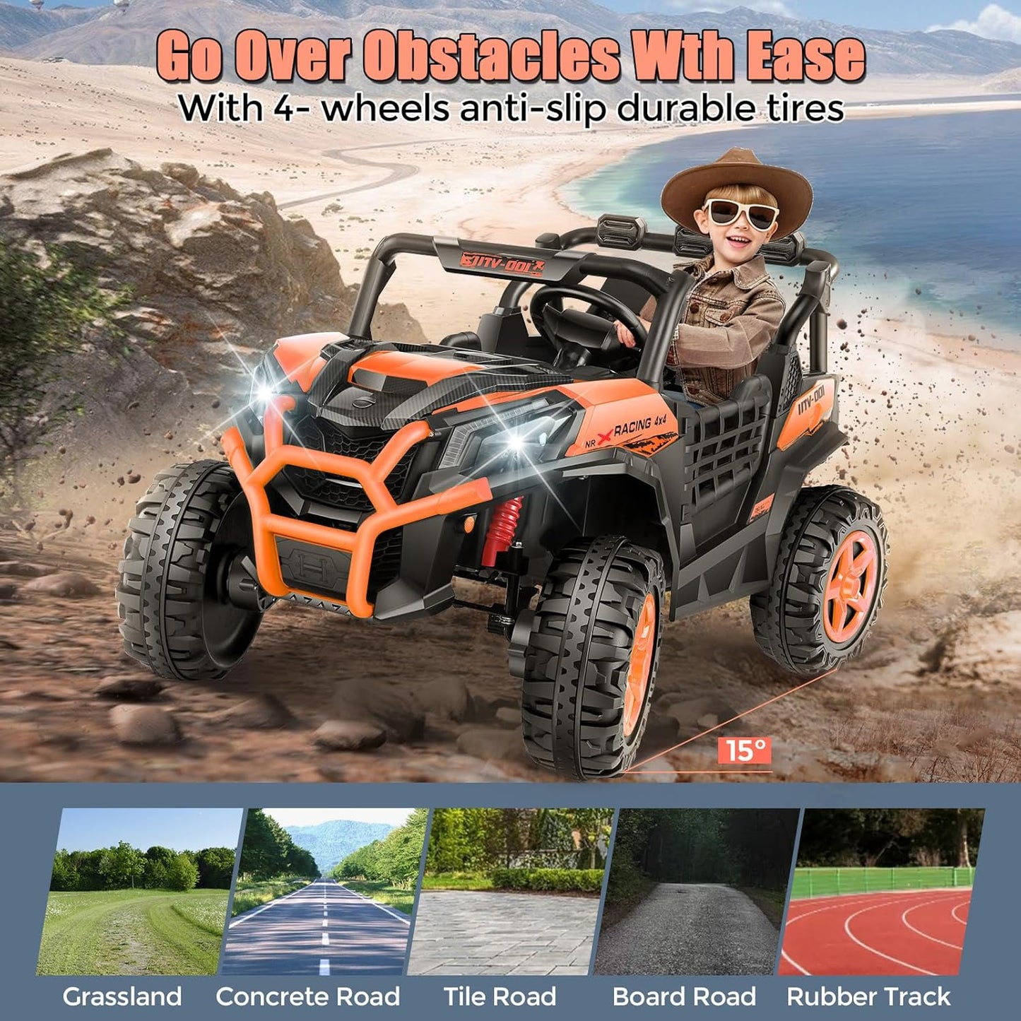 Hikole Battery Operated Ride on Toys for Toddlers, 24V Power Car Wheels, XL 2 Seater, 3 Speeds, 2/4WD Switchable, Multi-Terrain Driving, 20 Inch Large Seat, Marquee Taillights, Gift, Orange