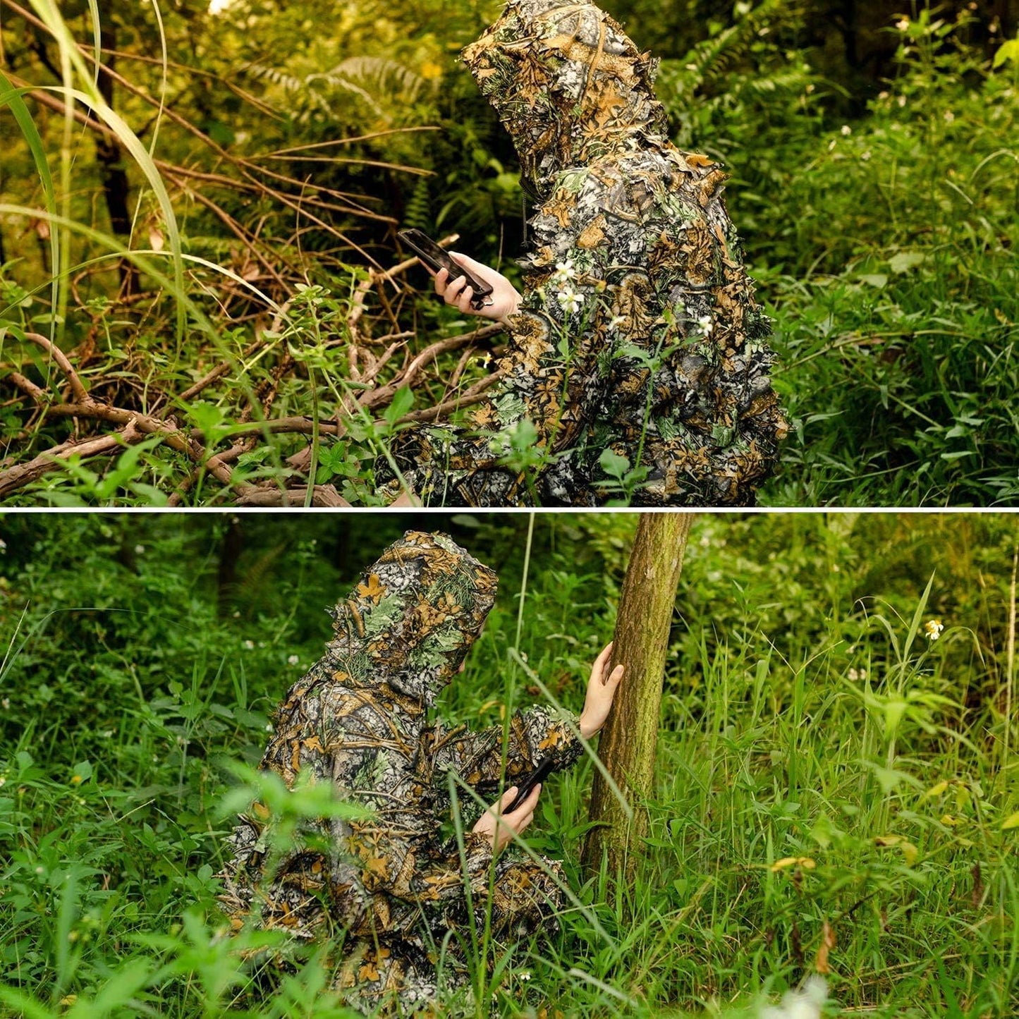 Ghillie Suit, 3D Leafy Camo Hunting Suits Breathable Woodland Gillies Costume Jungle Clothing