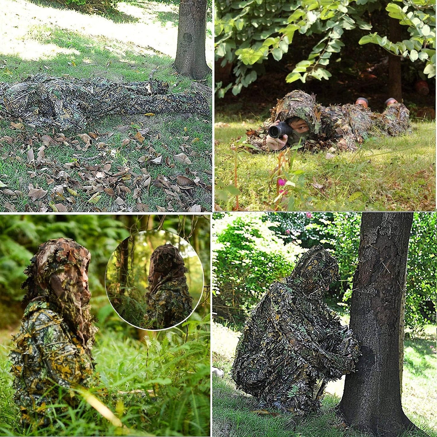 Ghillie Suit, 3D Leafy Camo Hunting Suits Breathable Woodland Gillies Costume Jungle Clothing