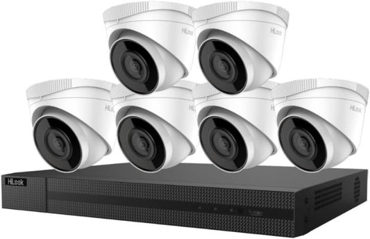 Ⲏіkvіsіon HiLook Series Security Camera System IK-6284TH-MH/P 8 Channel 4K 8MP NVR 2TB with 6 x 4MP Outdoor Turret PoE Dome Cameras 2.8mm IP67 Compatible with Hikvision Hik-Connect, Cable not Included