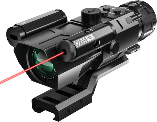 4X32 Tactical Rifle Scope with Red Laser Sight Red Illuminated Reticle Prism Optics Scope with 7 Brightness Levels Upgraded Buttons and Glass Etched Reticle Hunting Scopes for 20 mm Rail Mount