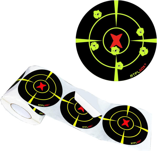 Atflbox Splatter Adhesive 3 inch Bullseye Fluorescent Yellow Shooting Target Stickers, 250 Self Adhesive Target Roll for BB Gun, Pellet Gun, Airsoft, Rifle Indoor and Outdoor Shooting Range
