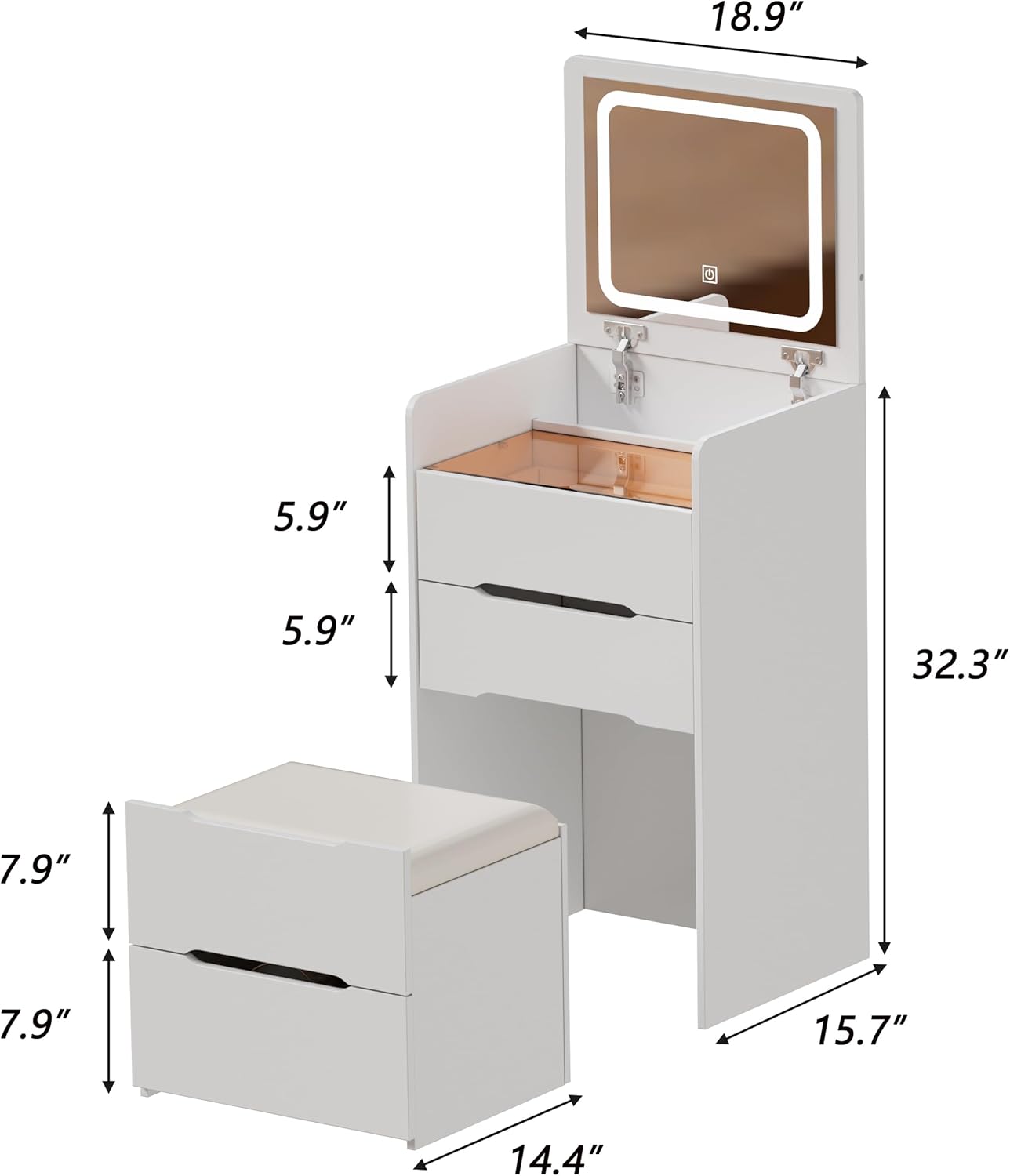 KCRET 3 in 1 Vanity Desk with Plip Top Mirror, Small Make Up Vanity Set with Visible Glass Desktop & 3 Drawers & Cushioned Tool