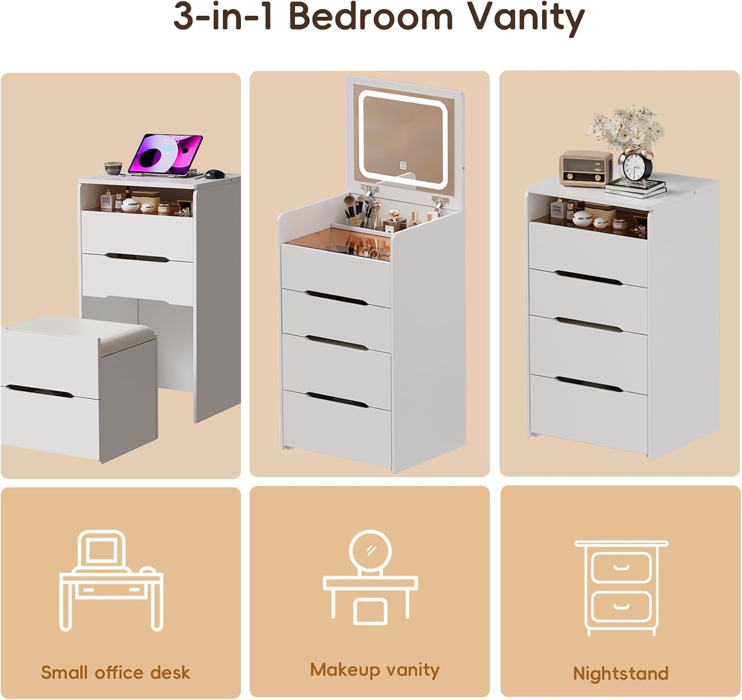 KCRET 3 in 1 Vanity Desk with Plip Top Mirror, Small Make Up Vanity Set with Visible Glass Desktop & 3 Drawers & Cushioned Tool
