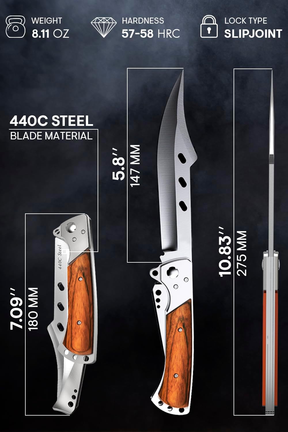 Long Blade Folding Knife - Sharp Hunting Hiking Camping Tactical Survival Work Knives for Men Women - Foldable Large Knife with Rosewood Handle - Fathers Gifts Idea - Mens Gift Ideas from Daughter, Son, Wife - Presents for Men 4172