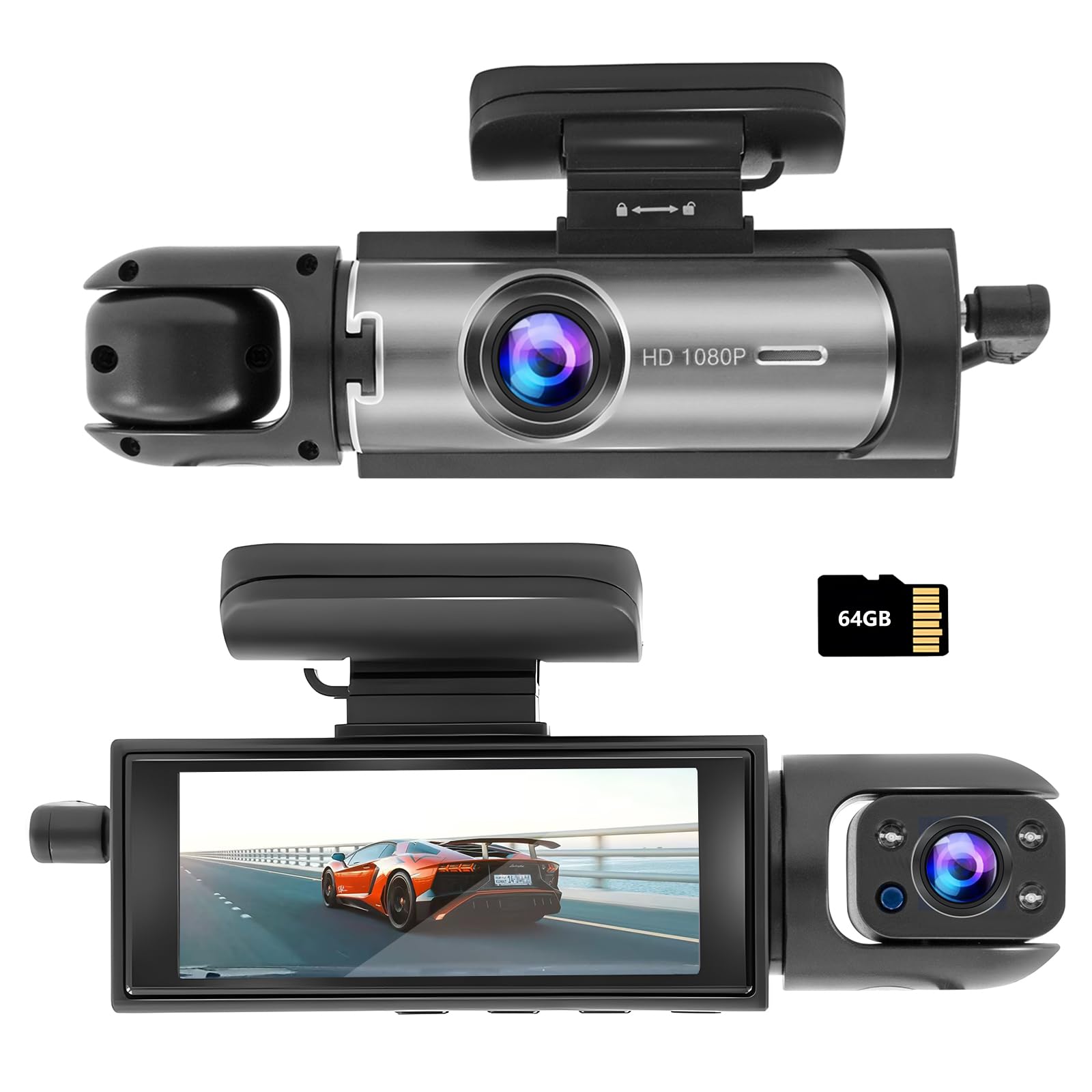 Dash Camera Front and Inside, 3.16inch Dash Cam 1080P, G Sensor HD Night Vision Loop Recording Wide Angle Car DVR (Dash cam Front&Inside)
