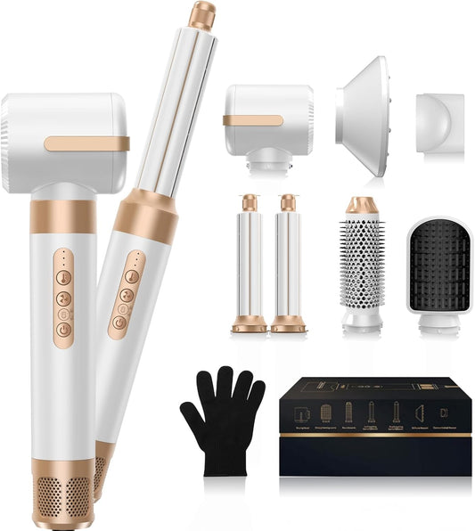 Hair Dryer Brush 7 in 1，110000 RPM Hot Air Brush Hair Styler for Curly Straight & Twisted Hair Professional Ionic Brush Blow Dryer for Salon-Quality Styling, White Gold