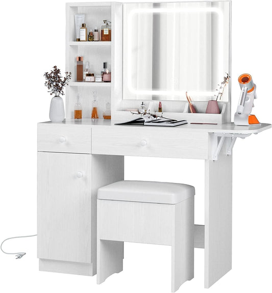 IRONCK Vanity Desk with LED Lighted Mirror & Power Outlet, Makeup Table with Drawers & Cabinet,Storage Stool,Dressing Table for Bedroom, White