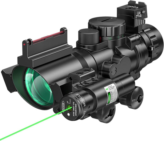 MidTen 4x32 Prism Tactical Rifle Scope Red & Green & Blue Illuminated Reticle Hunting Guns Scope with Mount for 20mm Rail and Fiber Optic Sight and IIIA/2MW Laser Sight