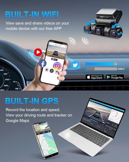 PRUVEEO 360 Degree View 4 Channel Dash Cam Front and Rear Inside Left Right, Dash Camera for Cars, Built-in GPS WiFi Night Vision, 24/7 Recording Parking Mode Monitor, Free 128G Card