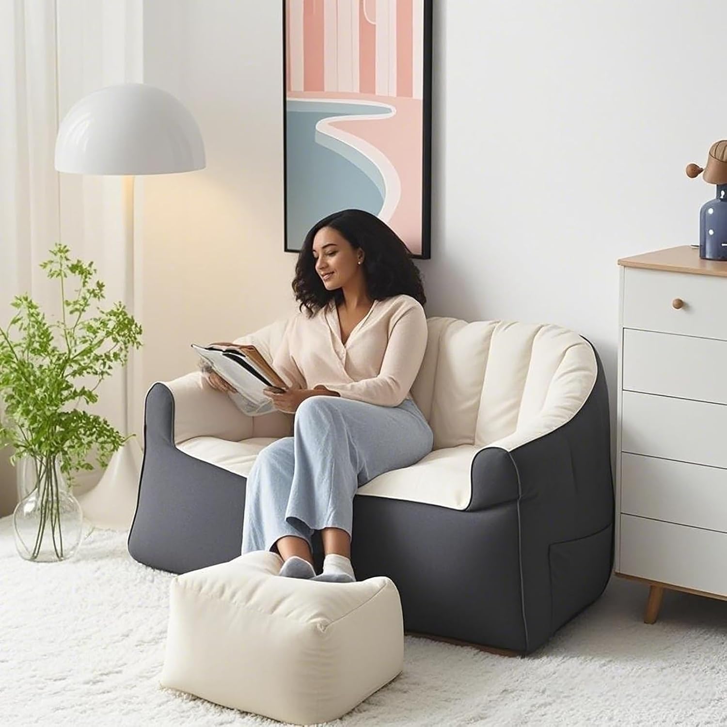 Large Bean Bag Chair for Adults with Footrests - 45in Oversized Comfy Gray or Beige Beanbag Sofa, Double Needle Sewing & Storage Bag, Bean Bag Couch for Living Room, Bedroom, Dorm & Outdoor(Beige)