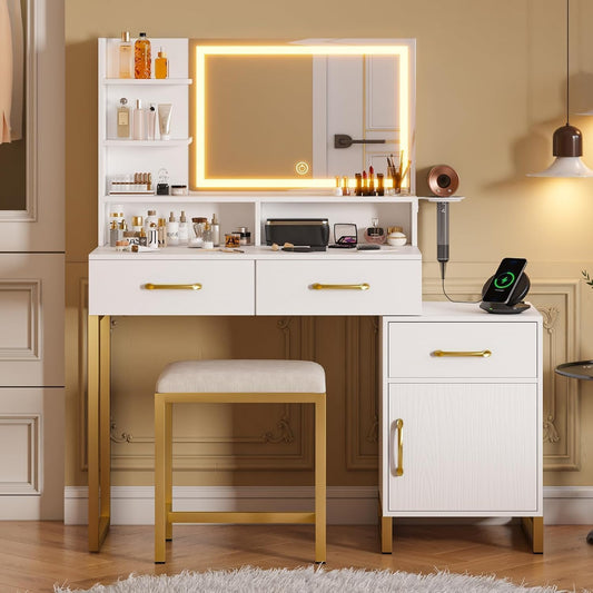 Modern Vanity Desk with Mirror and Lights,Dressing Table with Power Outlet & 3 Storage Drawers,Makeup Table with Charging Station and Cushioned Stool for Bedroom,White & Gold.