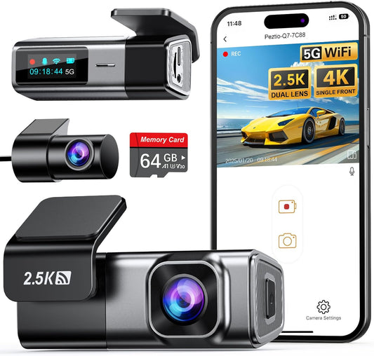 Navycrest 5G WiFi, Dash Cam Front and Rear 2.5K+1080P, Single Channel 4K-2160P, Free 64GB Card, Dash Camera for Cars, Car Camera, Dashcams for Cars Front and Rear, Gravity Sensor, 24H Parking Mode