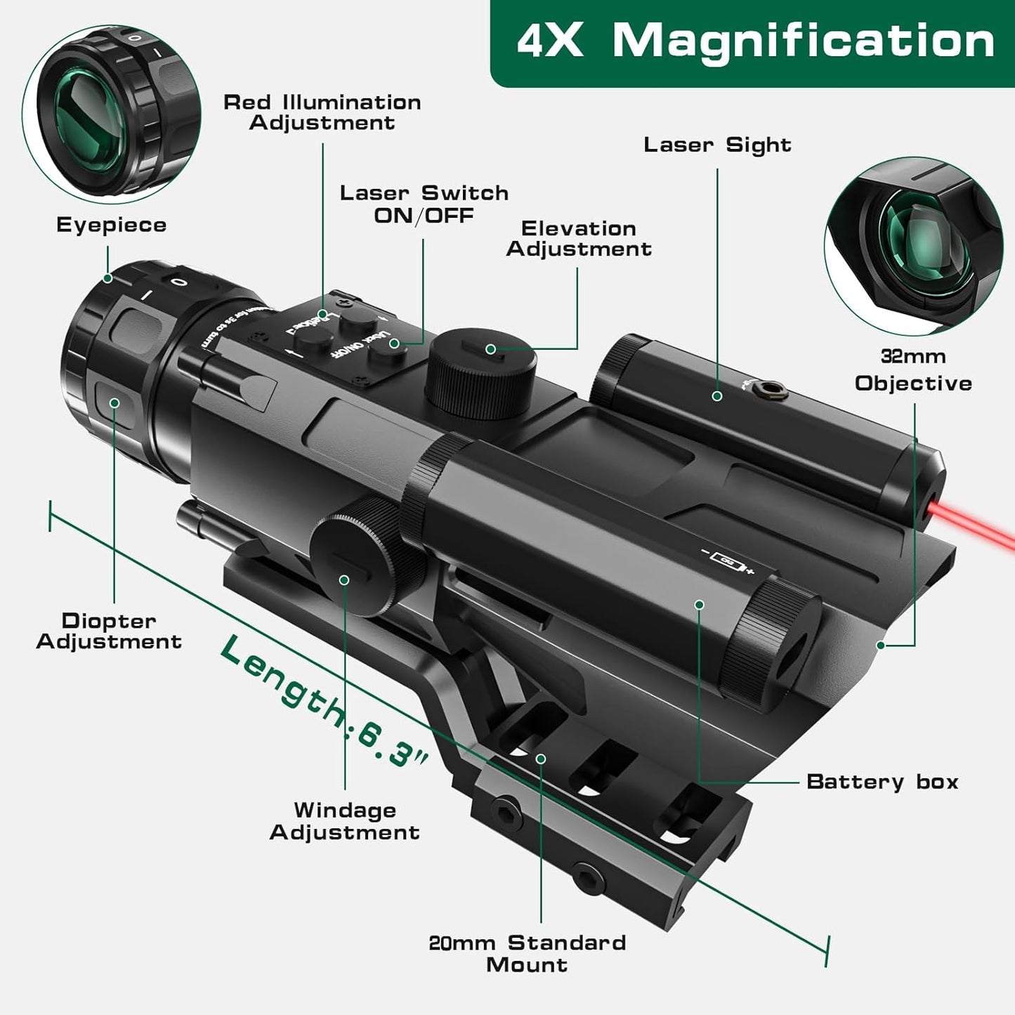 4X32 Tactical Rifle Scope with Red Laser Sight Red Illuminated Reticle Prism Optics Scope with 7 Brightness Levels Upgraded Buttons and Glass Etched Reticle Hunting Scopes for 20 mm Rail Mount