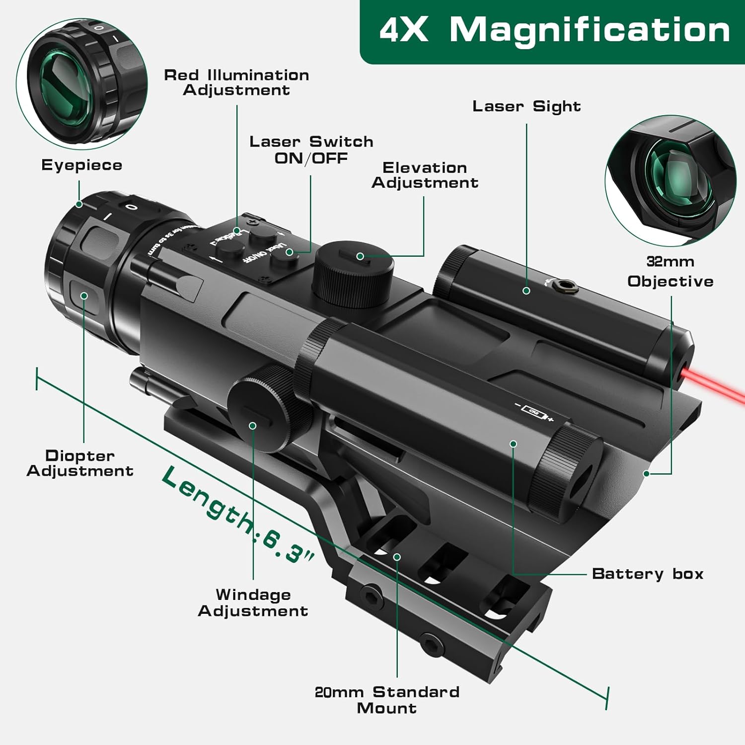 4X32 Tactical Rifle Scope with Red Laser Sight Red Illuminated Reticle Prism Optics Scope with 7 Brightness Levels Upgraded Buttons and Glass Etched Reticle Hunting Scopes for 20 mm Rail Mount