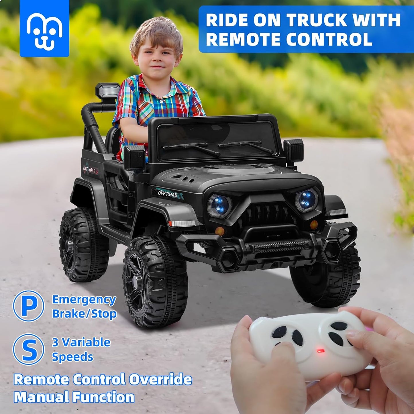 12V Kids Electric Ride on Truck Car Remote Control, Twin 35W Motors 3.5MPH Max Speed, Bluetooth USB Music Player, 4 Wheels Suspension LED Lights Safety Belt, Gift for Boy & Girl-Black
