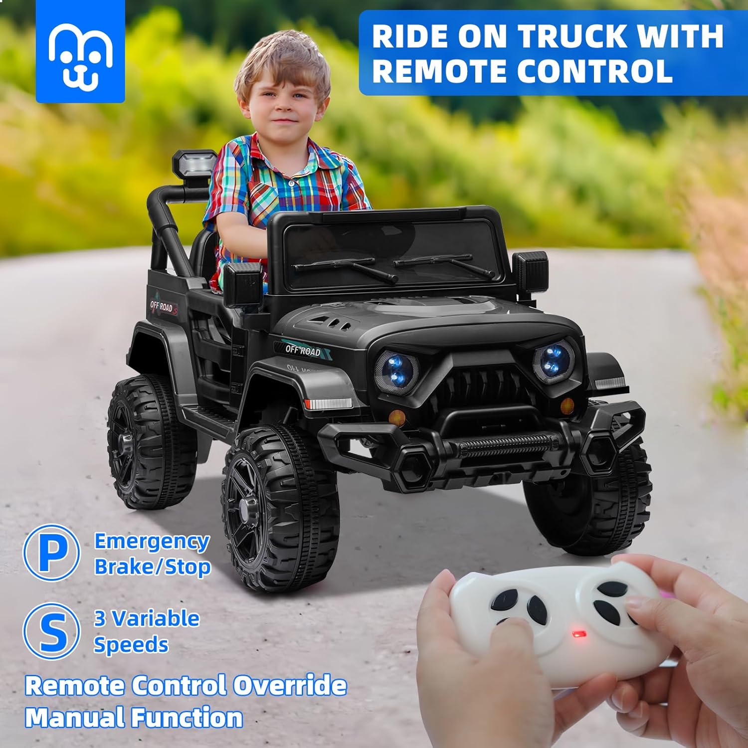 12V Kids Electric Ride on Truck Car Remote Control, Twin 35W Motors 3.5MPH Max Speed, Bluetooth USB Music Player, 4 Wheels Suspension LED Lights Safety Belt, Gift for Boy & Girl-Black